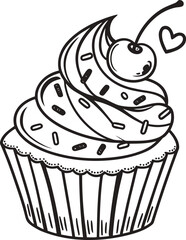 Vector illustration of a sweet pink birthday cupcake with a red cherry and creamy frosting