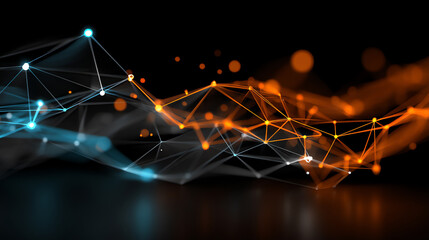 Abstract digital network of interconnected blue and orange nodes and lines forming a futuristic, dynamic web on a dark background