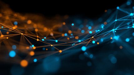 Abstract digital network with interconnected glowing blue and orange nodes forming a mesh of lines on a dark background, symbolizing technology and communication