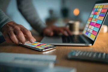 Fototapeta premium Close-up of person using smartphone and laptop, colorful app interface
