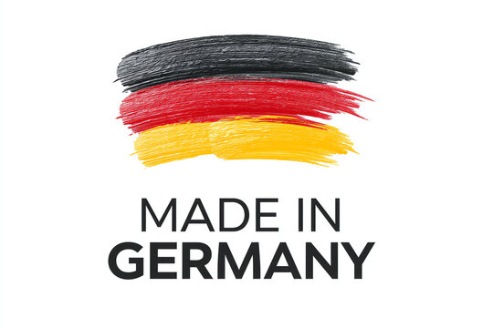 Stylized German flag brush strokes above bold text "Made in Germany" on a white background, symbolizing quality and origin of German products