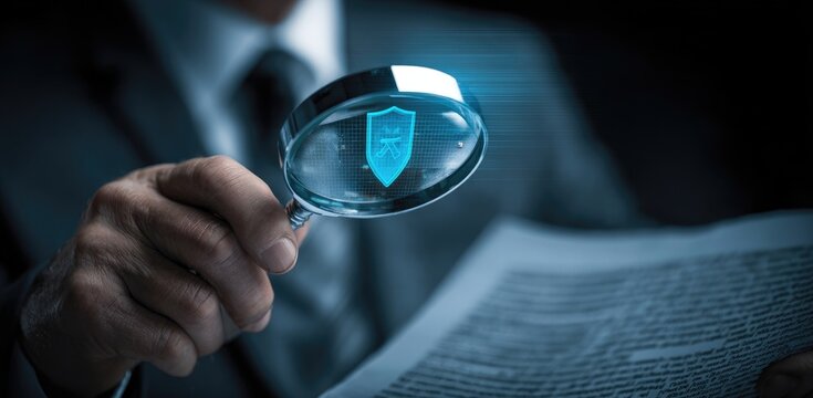 Businessman examines document with magnifying glass and security shield overlay