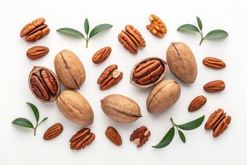 A delightful assortment of fresh pecans and green leaves scattered on a white background