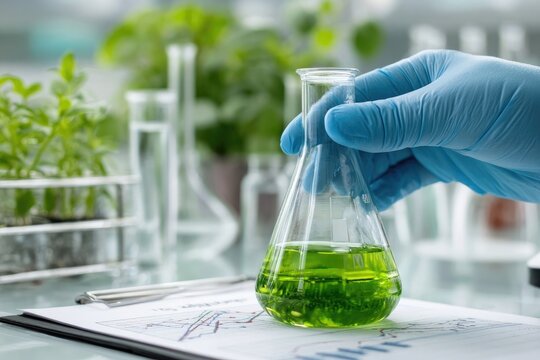 Scientist in lab coat holds flask with green liquid and plants