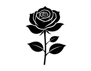 Black silhouette of a rose with stem and leaves.