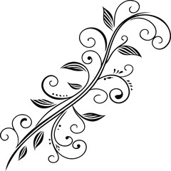 Abstract floral vector design featuring black silhouette plant and leaf elements, ornate swirls, and vintage scroll patterns