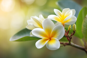 Obraz premium White and yellow frangipani flowers blooming on a branch with green leaves, softly lit by natural sunlight, against a blurred background