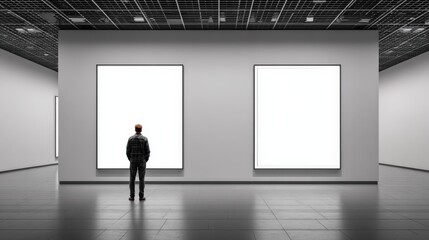 Fototapeta premium Man standing in modern art gallery looking at blank canvas, contemplating artwork in museum