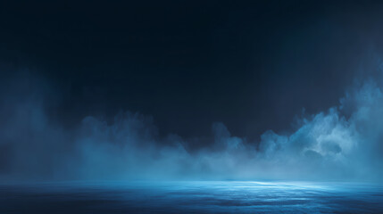 Obraz premium Misty blue ocean under a dark night sky, with glowing water reflecting soft light and thick fog rolling in from the horizon