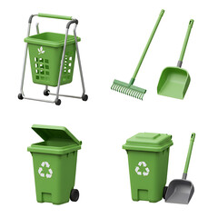 Green Recycling Bins, Compost Bin, Rake, Dustpan - 3D Render