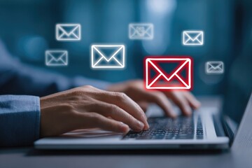 Hands typing on laptop, multiple email icons, one red