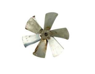 A broken ceiling fan blade, isolated on a white background, symbolizing malfunction, damage, or home repair.