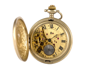 A broken pocket watch, isolated on a white background, representing themes of broken time, vintage objects, or damage.