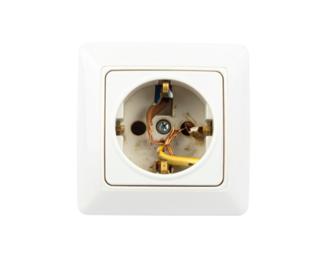 A broken wall socket, isolated on a white background, symbolizing themes of electrical failure, danger, or home repair.