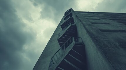 Exterior fire escape against a stormy sky