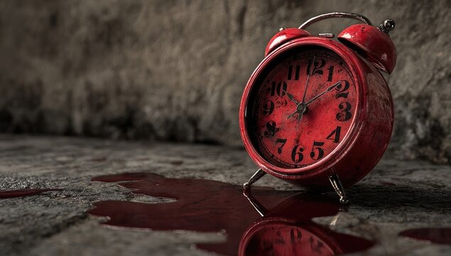 Red alarm clock, pool of blood, aged concrete