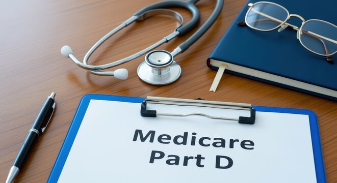 Medicare Part D Information on Clipboard with Stethoscope, Pen, Glasses, and Notepad on Desk