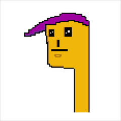 Pixel art character with purple cap and elongated neck
