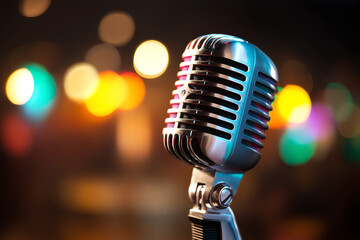 Vintage silver microphone with colorful bokeh lights in the background, evoking a retro music or performance atmosphere