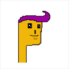 Pixel art character with purple cap and elongated neck
