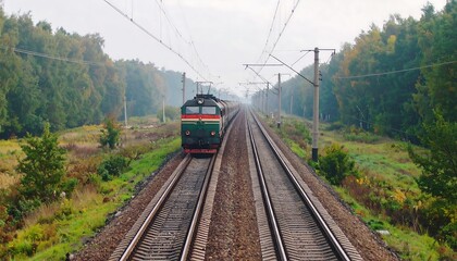 Train tracks through autumn forest