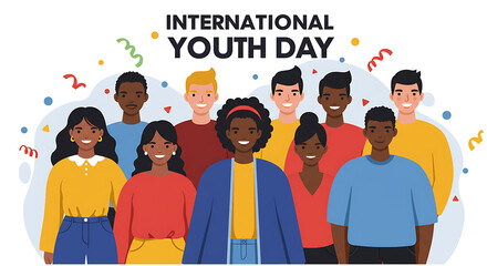 Obraz premium A vibrant illustration of a diverse group of smiling young people celebrating. A multicultural team representing friendship and unity.