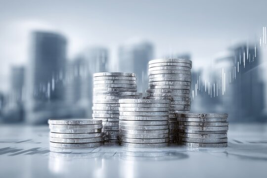 Stacks of silver coins on a surface, cityscape blurred background with financial charts - Powered by Adobe