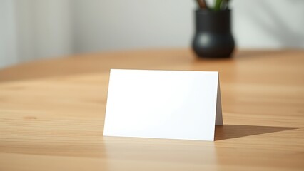 A blank notecard placed on a wooden desk with soft diffused lighting and shallow focus.