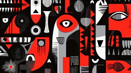 Abstract pattern of stylized faces and shapes in black, red, and gray