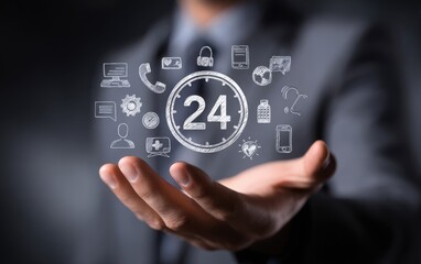 Businessman's hand holding a 24/7 support concept