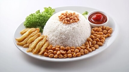 White rice dish, garnished with peanuts, fried strips, and sauce