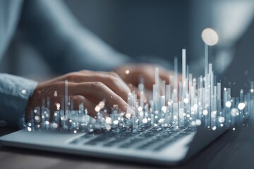 Close-up of hands typing on a laptop, overlaid with abstract data visualizations