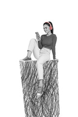 Vertical collage image of positive black white effect girl use smart phone listen music headphones isolated on drawing background