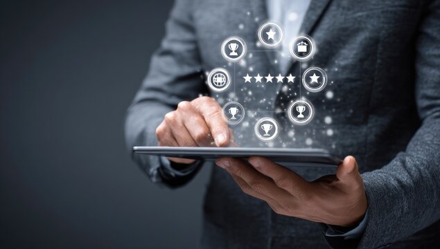 Person using tablet with glowing, abstract icons of achievement - Powered by Adobe