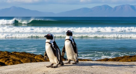 Obraz premium Two African Penguins Standing on Rocky Shoreline with Ocean Waves and Mountain Backdrop