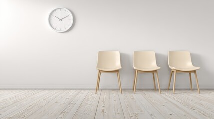 Minimalist Waiting Room Interior with Empty Chairs and Clock on Wall for Commercial Use