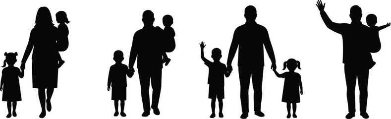 Family silhouettes walking with children, parents bonding with kids, parenting love, unity, happy family concept, black isolated group figures