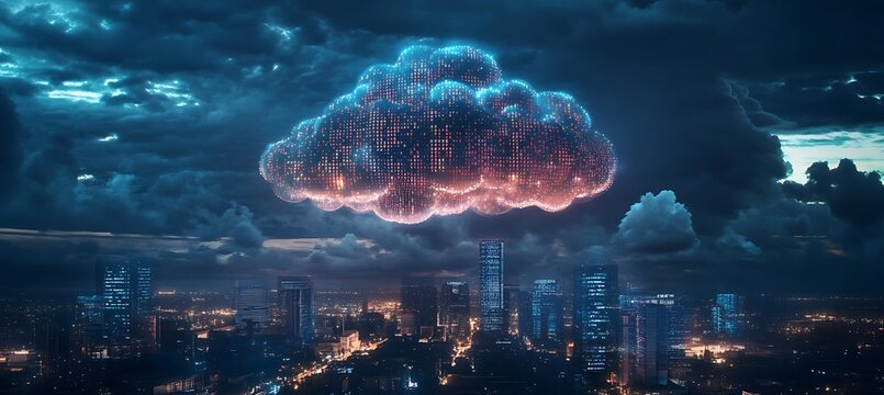 A massive digital cloud made of binary code floating above a futuristic city 