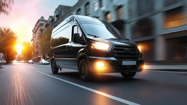 Black Van on City Street at Sunset. Speedy black van driving through a city at dusk, with blurred motion and warm lighting.