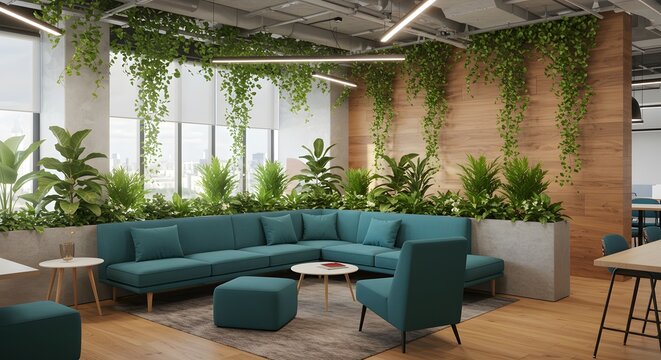 Lush office space with vibrant green plants and comfortable blue seating for a relaxing work environment. - Powered by Adobe