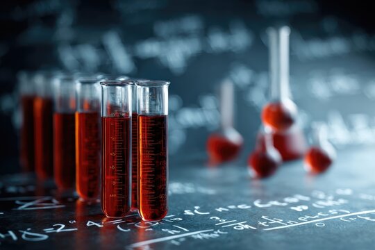 Several test tubes filled with reddish liquid on a chalkboard surface with more lab equipment