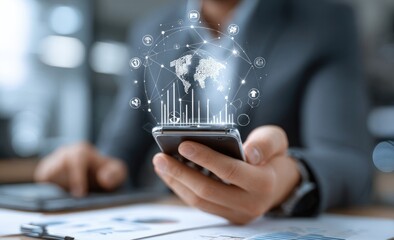 Businessman using smartphone with global data overlay