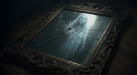 Ethereal figure peers from shattered mirror, casting an eerie glow in the dimly lit room, supernatural theme.