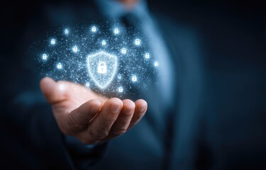 Businessman's hand holding a holographic security shield