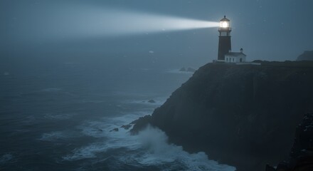 Seaside beacon shines bright into the foggy night, guiding vessels safely through the tumultuous waters.