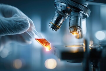 Fototapeta premium Scientist in lab coat holds test tube with glowing liquid near microscope