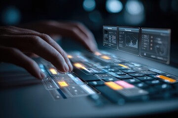 Close-up of hands typing on a computer keyboard with overlayed interactive controls and data visualizations