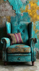 Teal wingback chair with distressed texture, colorful striped accent pillow, against a grungy wall