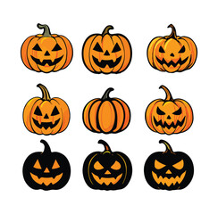 Nine orange and black Halloween jack o lantern pumpkins carved spooky