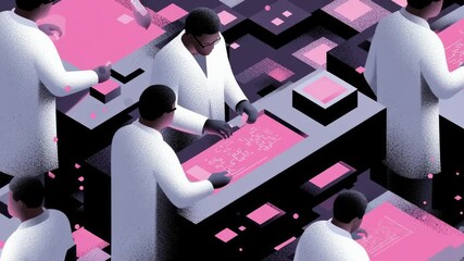 Digital lab environment featuring multiple scientists in white lab coats engaged in research. They analyze data on digital tablets surrounded by a vibrant pink and black design - Powered by Adobe